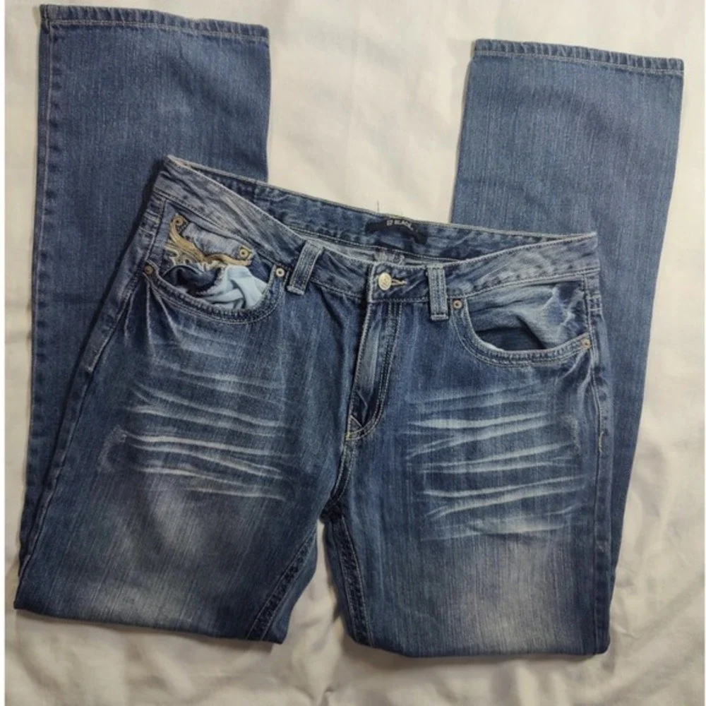 Embellished Pockets Distressed Denim Blue‎ Relaxed Fit western BB BLACK Jean